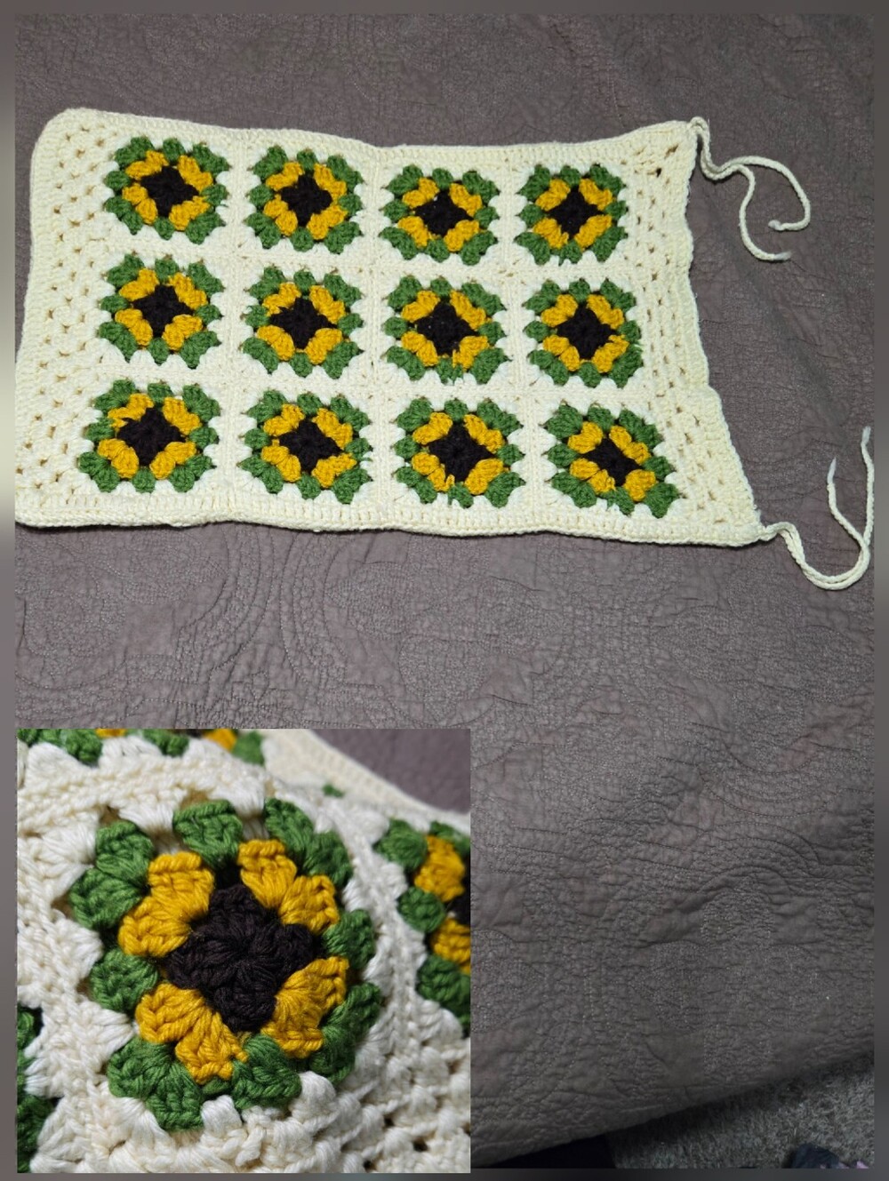 Vintage Granny Square Crochet Pillow Cover, floral sunflower, cover only